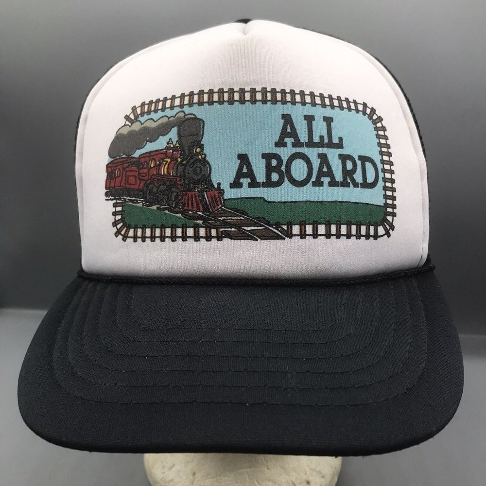 Vintage All Aboard Train Trucker Hat 90s Foam Front Adjustable Snapback